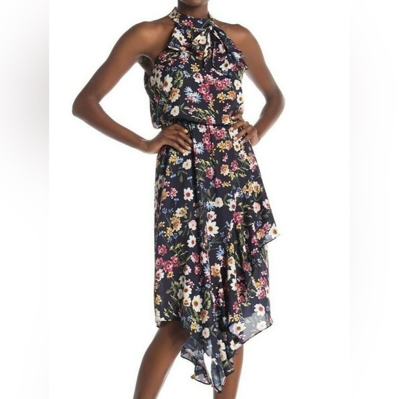 PARKER FLORAL HIGH Halter NECK SLEEVELESS ASYMMETRICAL DRESS COSMIC DAISY Sz M - Picture 15 of 15